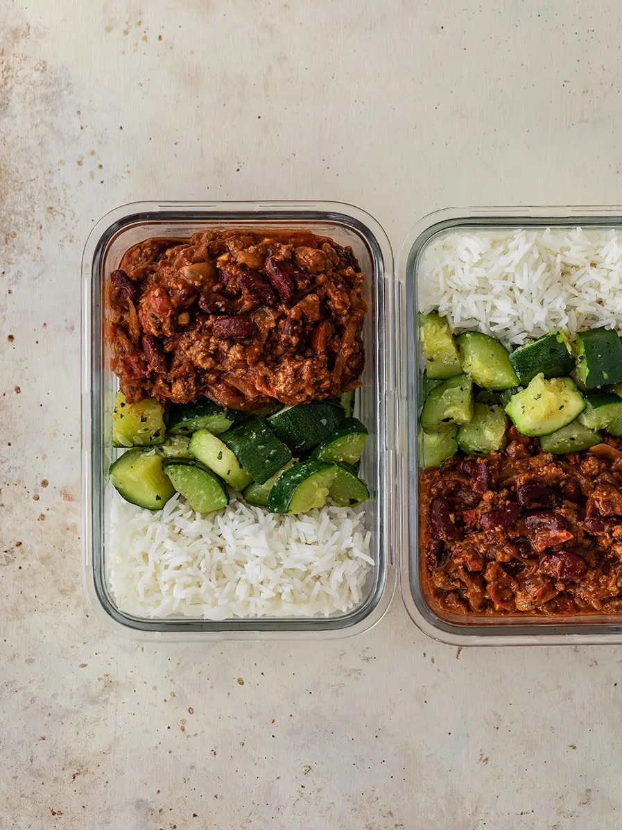 Chili con carne, riz et courgettes